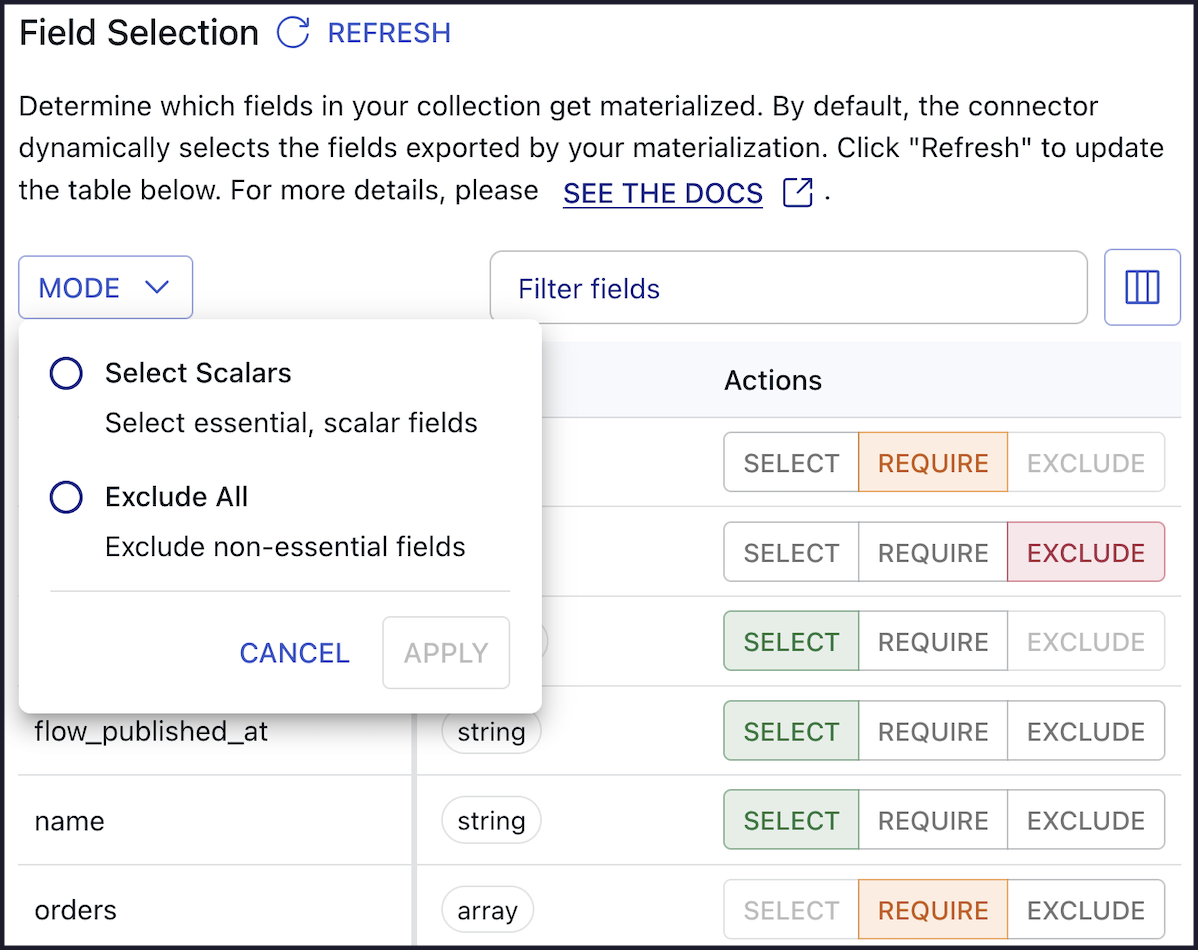 Field selection modes and individual options