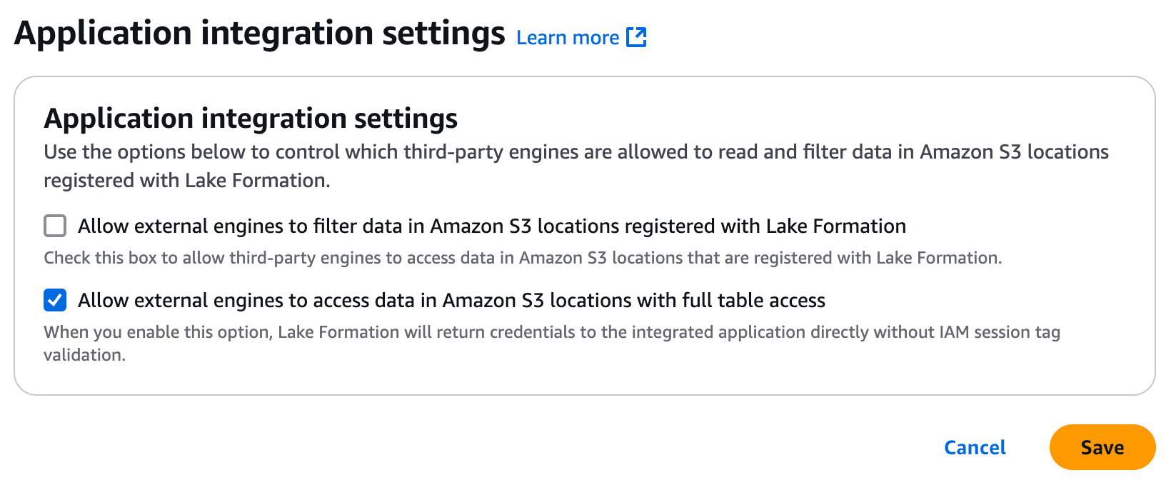 Configuring Lake Formation application integration settings
