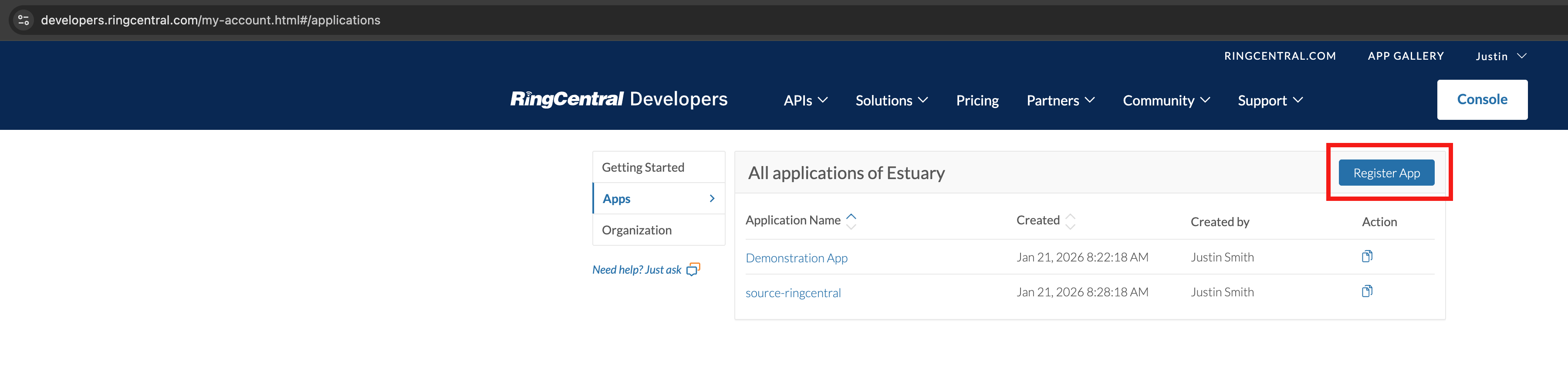 RingCentral Developer Console - Apps page with Register App button