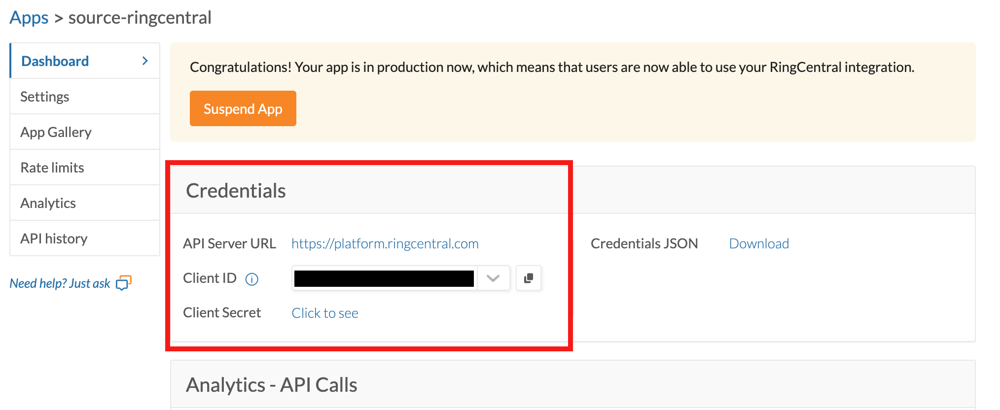 App dashboard showing Client ID and Client Secret